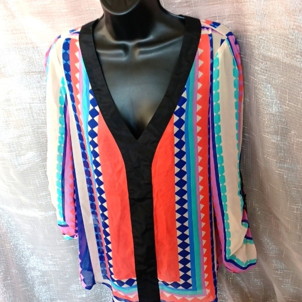 BLACK RAINN STRIPED TUNIC SZ M, semi-sheer